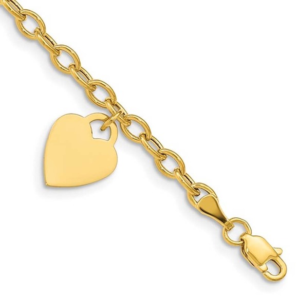 Real 10K Yellow Gold Cable Chain Dangle Heart Charm Bracelet 6 inch